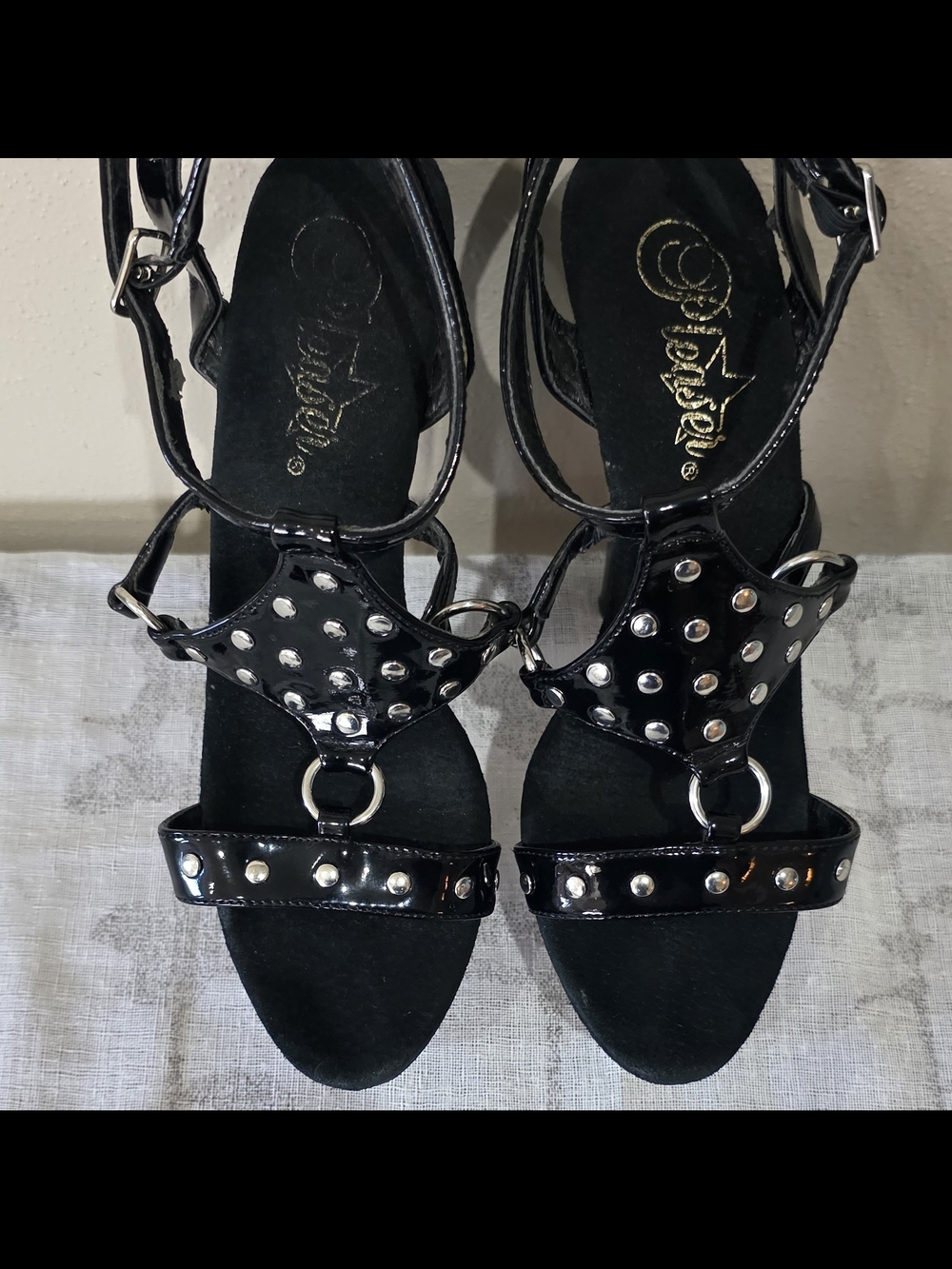 Pleaser Black Patent Platform Stiletto Heels with Stud Accents - Picture 8 of 8